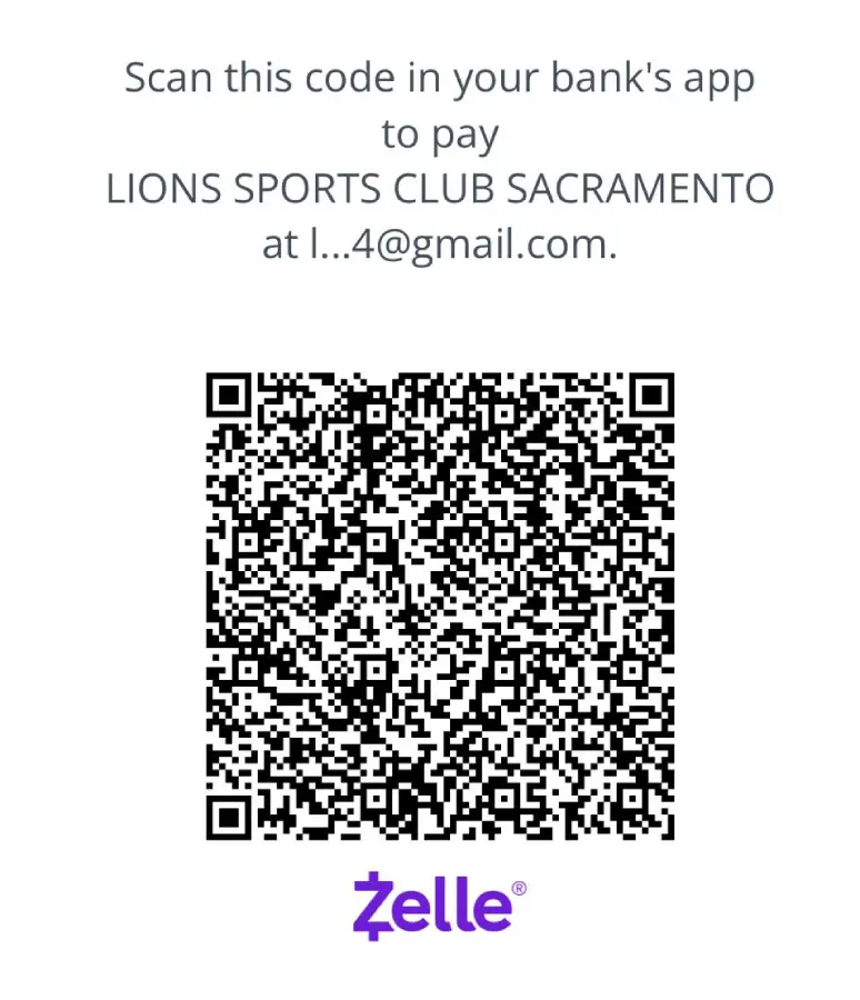 Zelle payment QR code for supporting Lions Sports Club Sacramento.